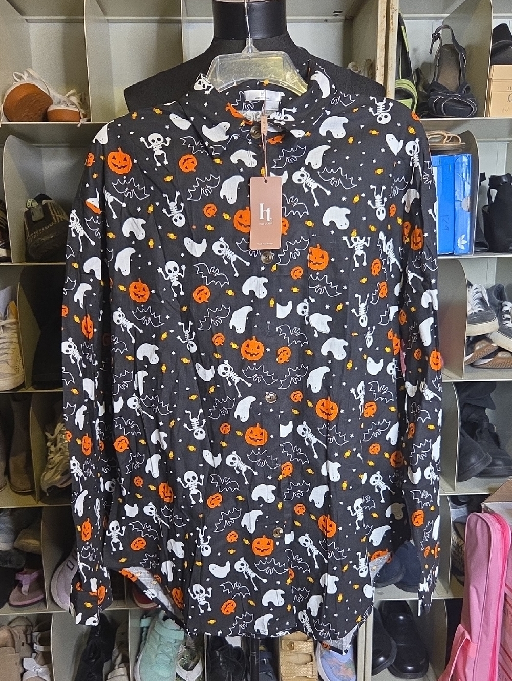 Halloween Print Black Men's Casual Button-Down Shirt